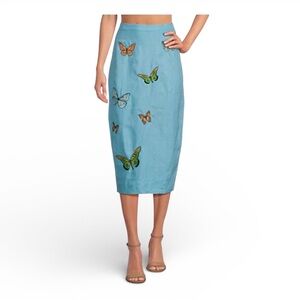 Fanm Mon Marion Linen Butterfly Embroidered Pencil Skirt NWT